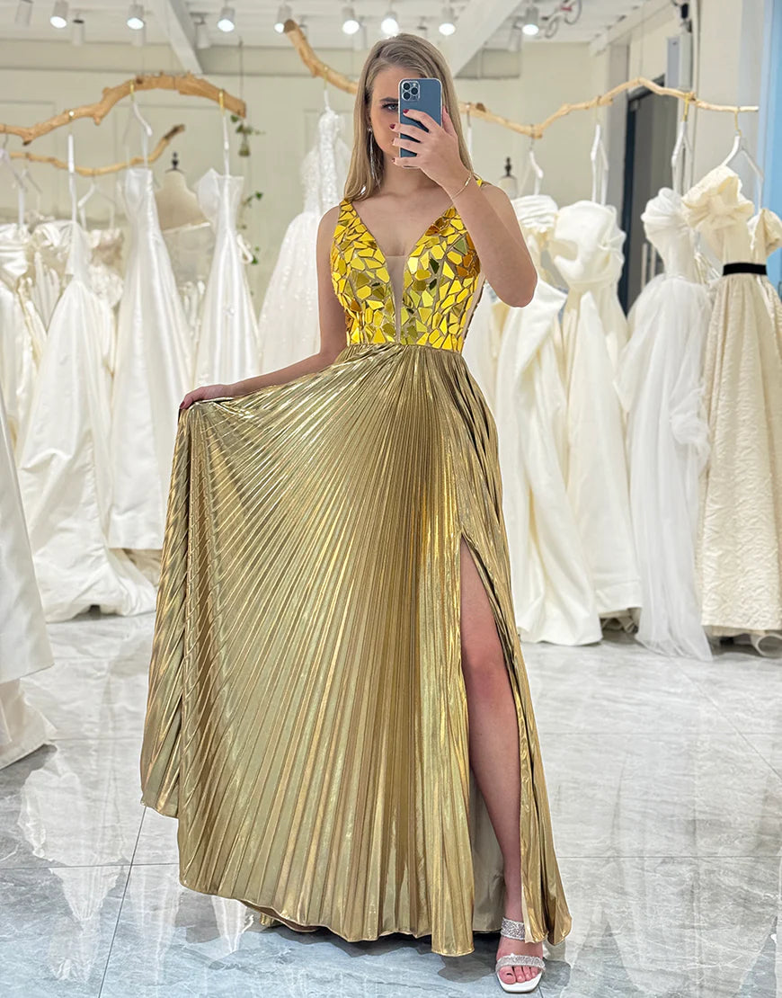 A-Line Glitter Golden Low V Neck Long Mirror Prom Dress