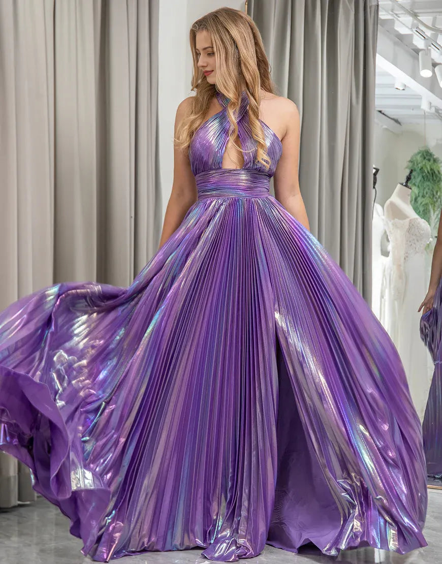 A Line Criss Cross Halter Long Prom Dress With Slit