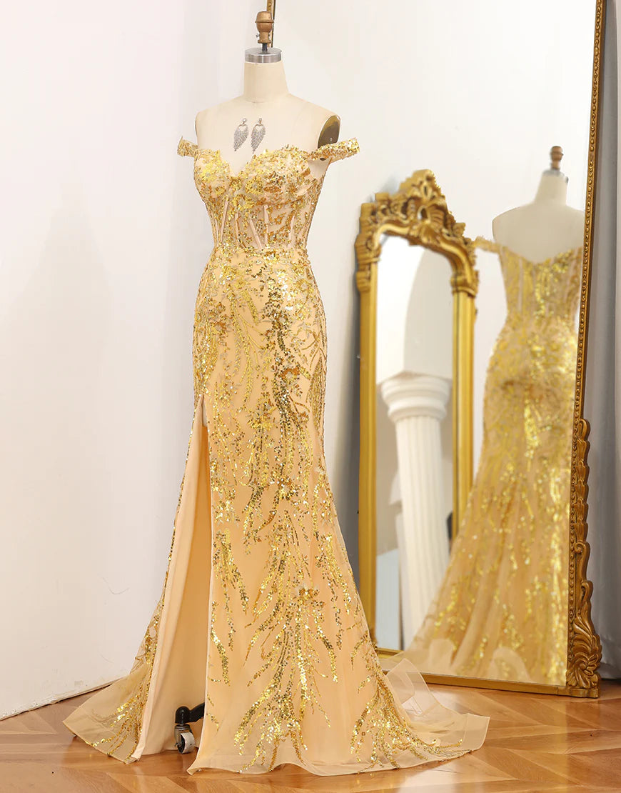 Mermaid Off The Shoulder Golden Corset Long Prom Dress with Slit
