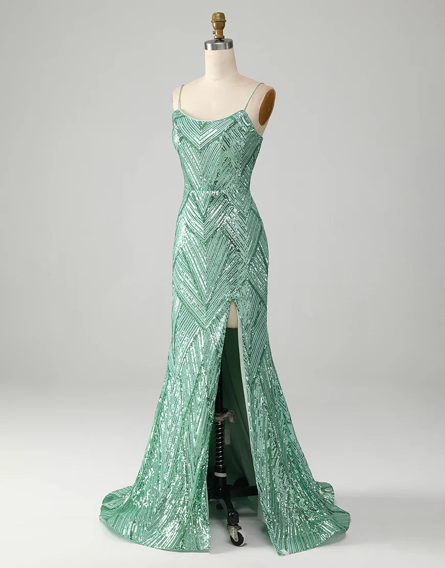 Mermaid Spaghetti Strap Glitter Green Long Sequins Prom Dress With Slit