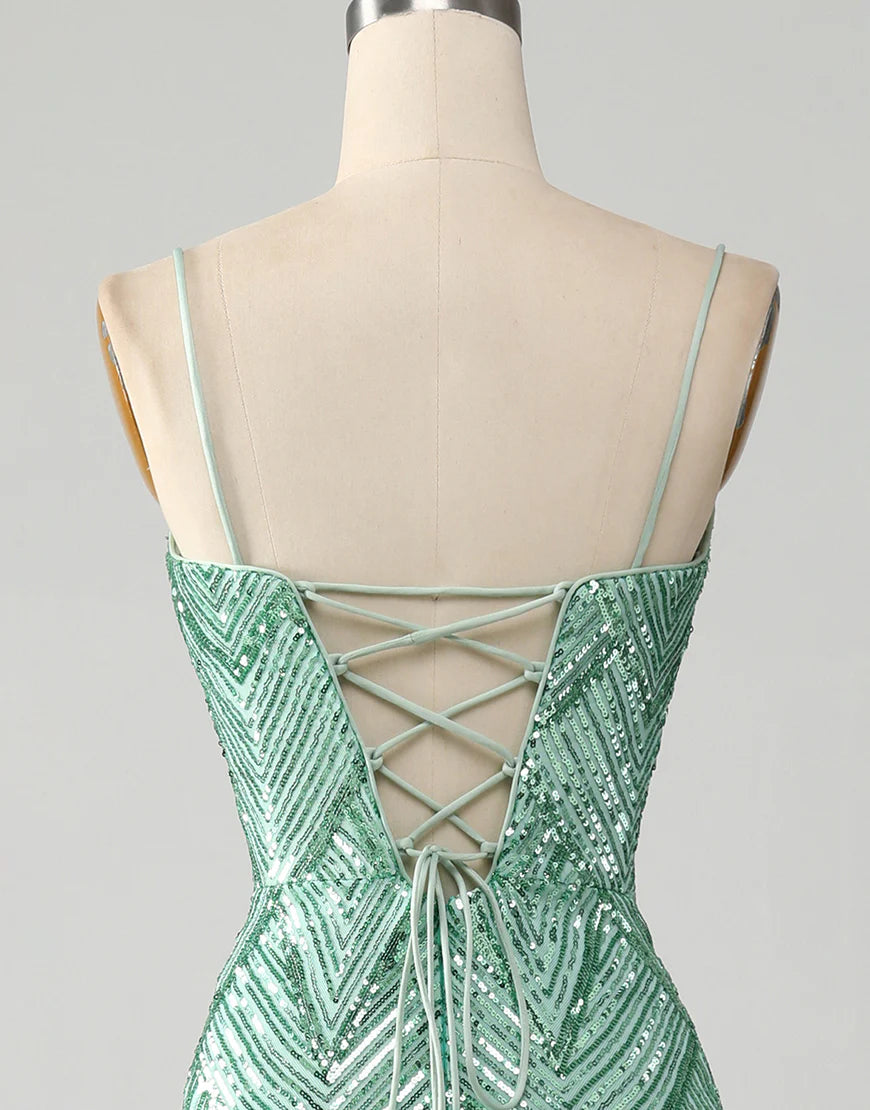 Mermaid Spaghetti Strap Glitter Green Long Sequins Prom Dress With Slit
