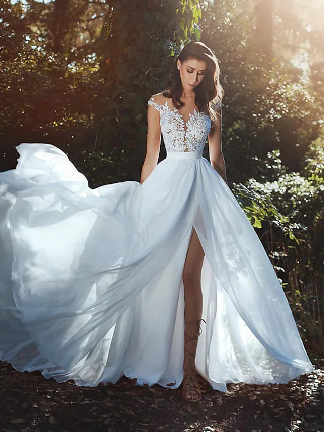 A-Line Wedding Dresses V Neck Court Train Chiffon Lace Cap Sleeve Country Romantic Sexy See-Through Backless with Lace Sashes Ribbons Slit front