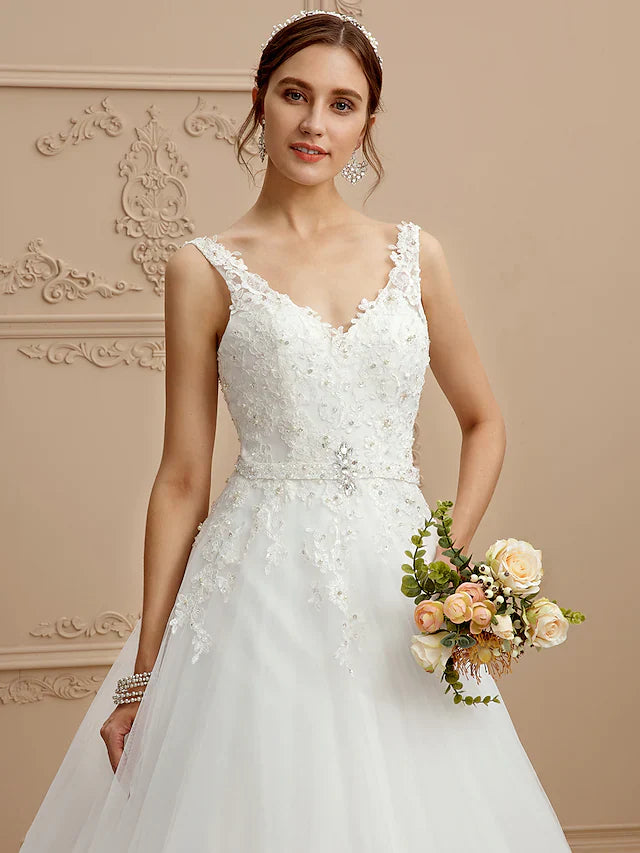 Ball Gown Wedding Dresses V Neck Court Train Tulle Beaded Lace Lace Over Tulle Spaghetti Strap Glamorous Illusion Detail Backless with Beading Appliques