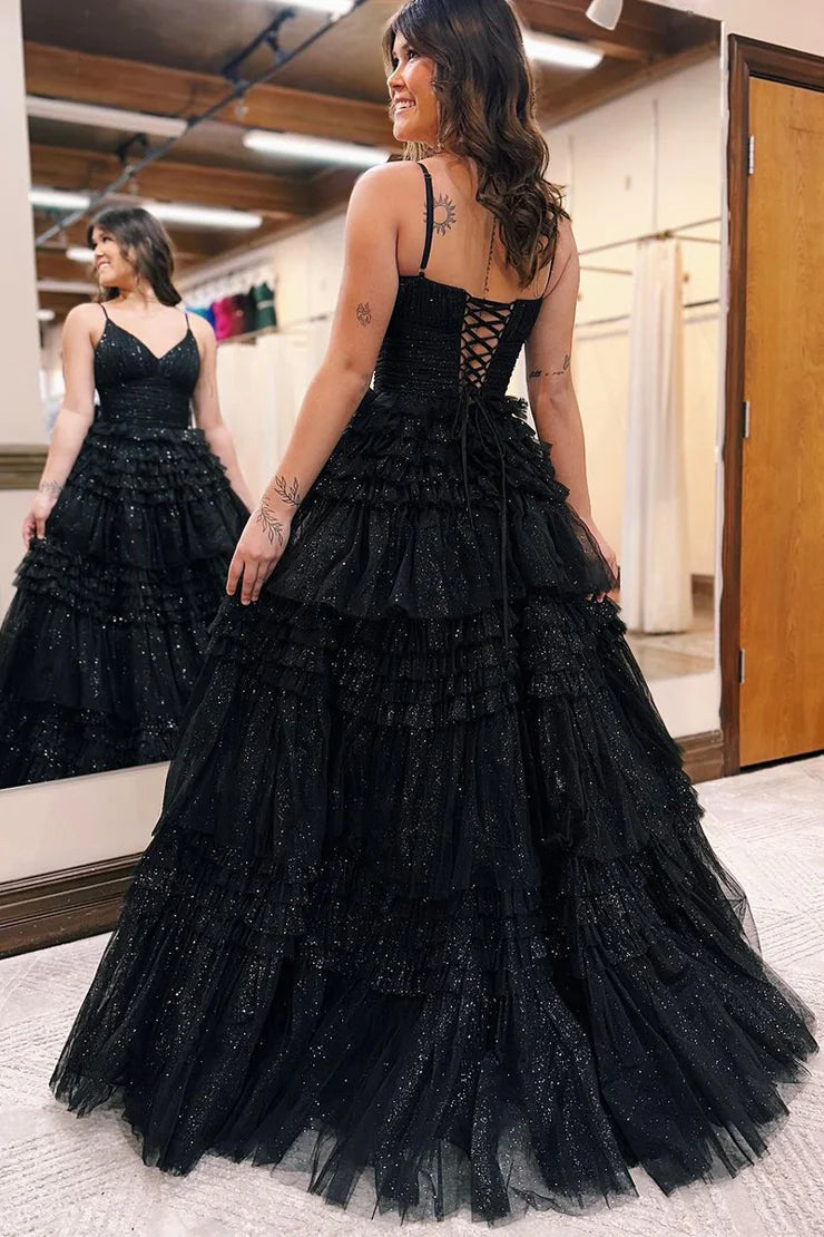 A Line Ball Gown V Neck Sparkly Black Tulle Long Prom Dresses