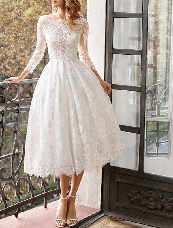 A-Line Party Lace Dresses Floral Dress Wedding Guest Homecoming Tea Length Long Sleeve Jewel Neck Polyester Backless with Appliques