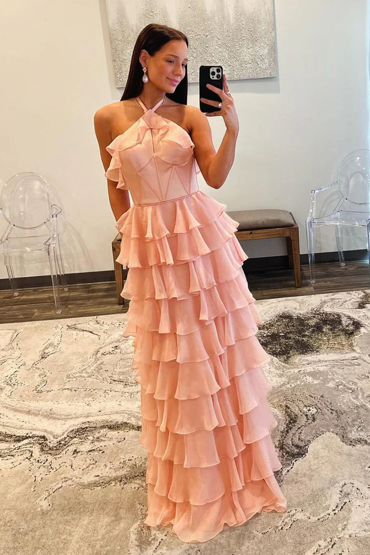 A-Line Halter Ruffle Tiered Chiffon Long Prom Dress
