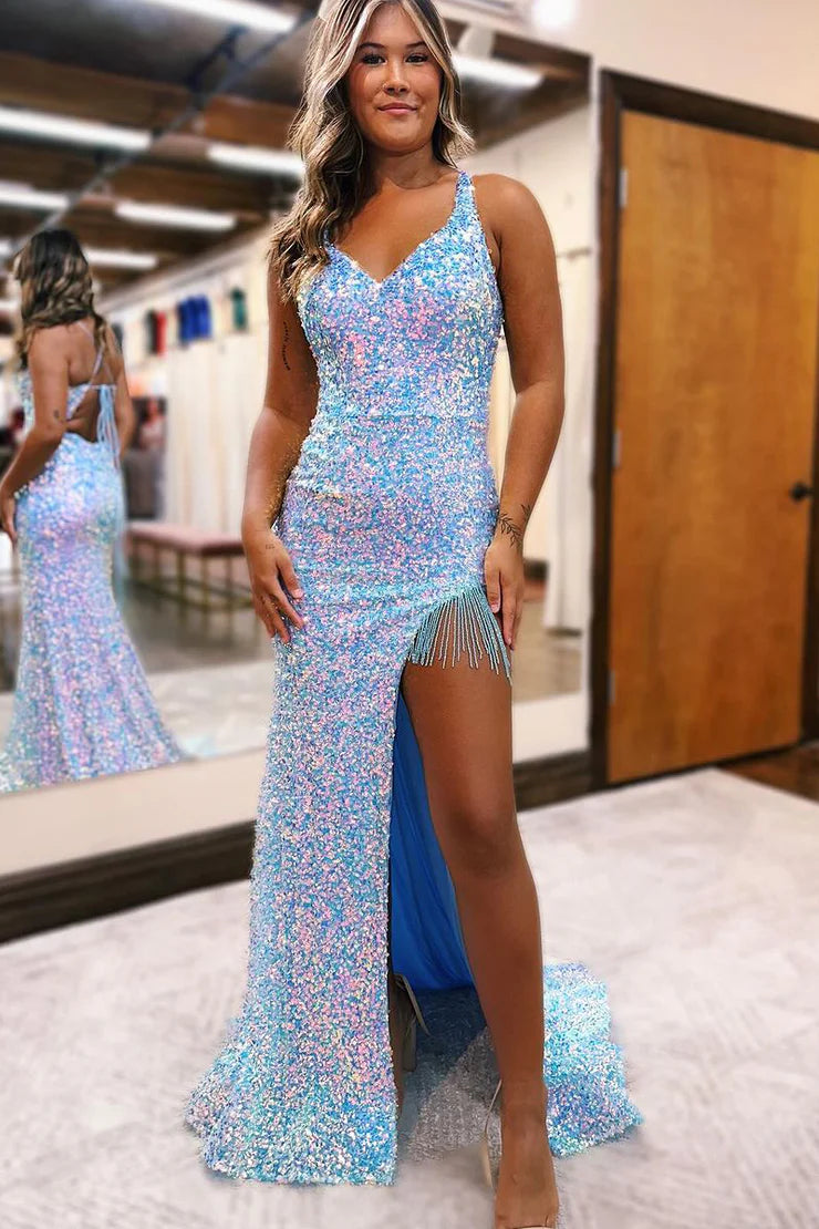 Mermaid Sleek Glittering Sparkle V Neck Sequins Long Prom Dresses with Beading