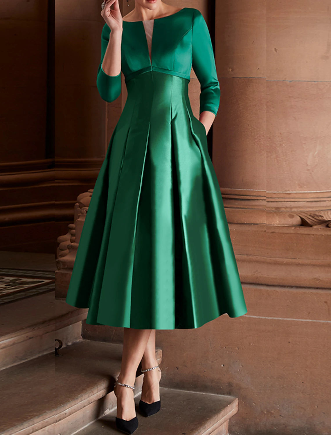A-Line Cocktail Dresses Minimalist Wedding Guest Tea Length 3/4 Length Sleeve Jewel Neck Fall Wedding Guest Satin with Pleats
