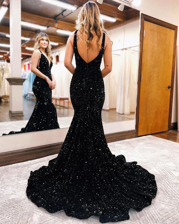 Mermaid Deep Low V Neck Sequins Evening Dresses
