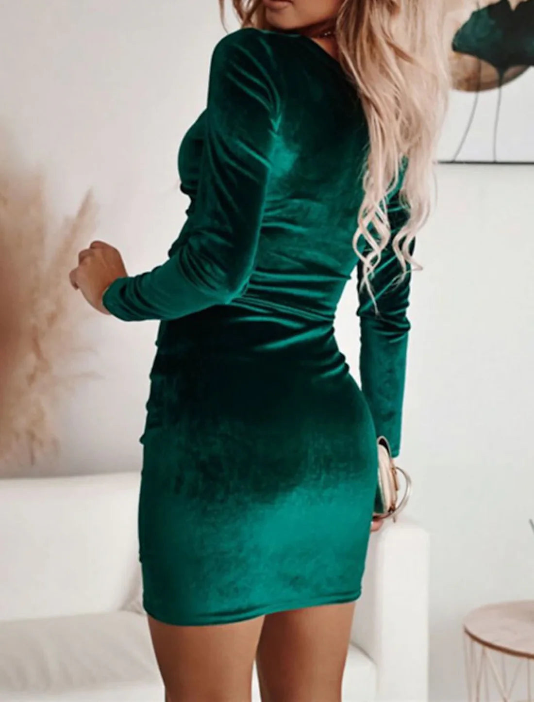 Women‘s Cocktail Party Dress Homecoming Dress Velvet Dress Long Sleeve Pure Color Ruched Winter Fall Spring V Neck Fashion Winter Dress Date