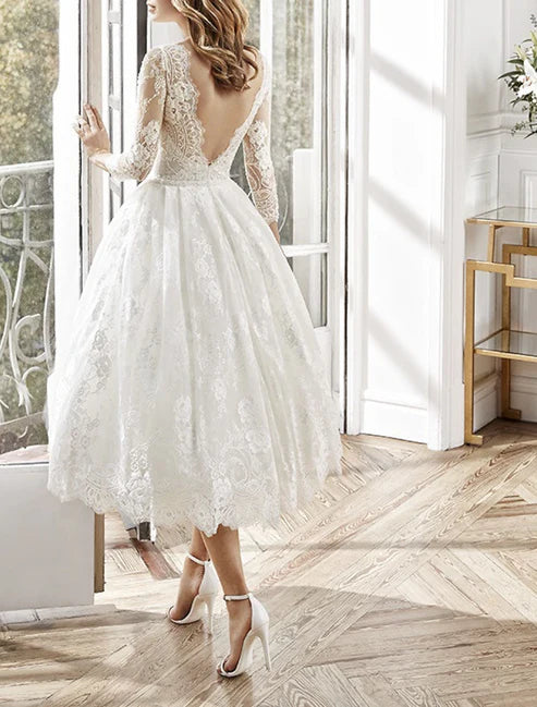 A-Line Party Lace Dresses Floral Dress Wedding Guest Homecoming Tea Length Long Sleeve Jewel Neck Polyester Backless with Appliques