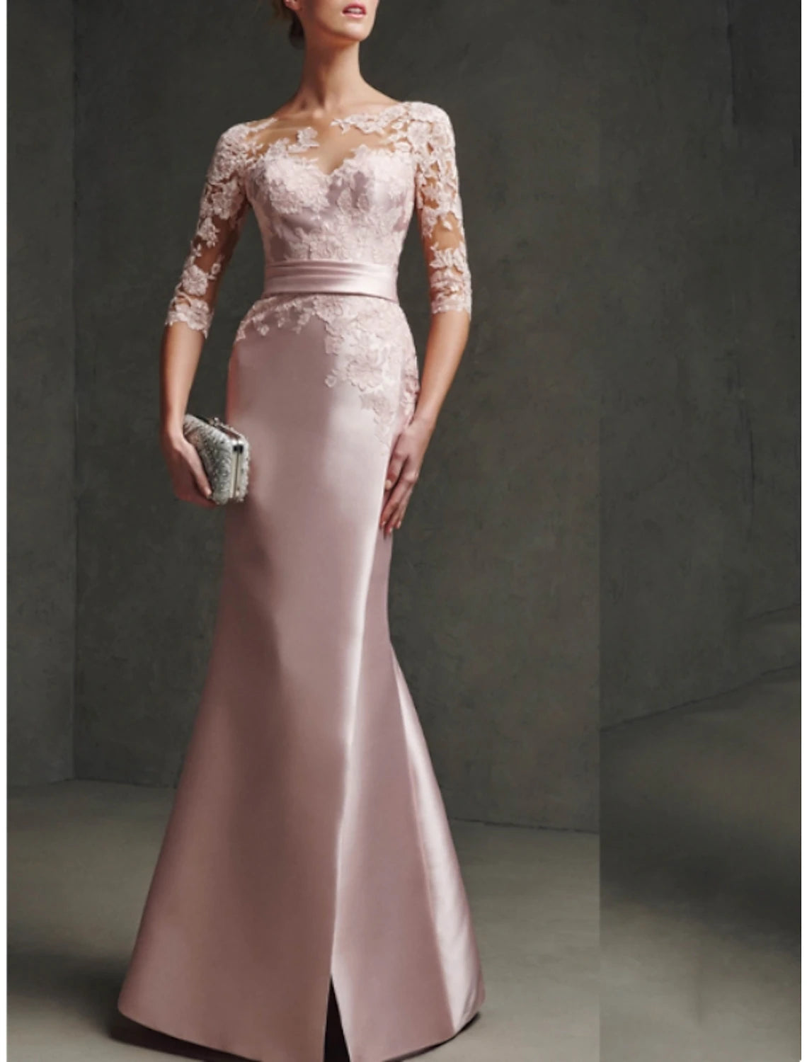Mermaid / Trumpet Mother of the Bride Dress Formal Scoop Neck Floor Length Satin Lace 3/4 Length Sleeve with Pleats Split Front