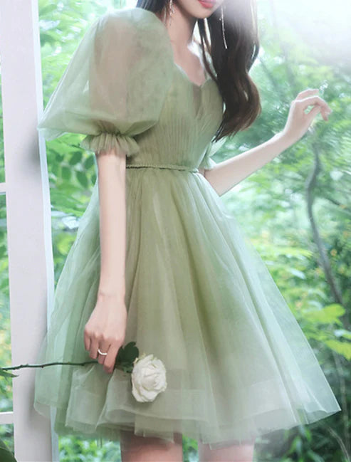 A-Line Homecoming Dresses Dress Wedding Guest Graduation Short / Mini Short Sleeve Off Shoulder Tulle with Pleats