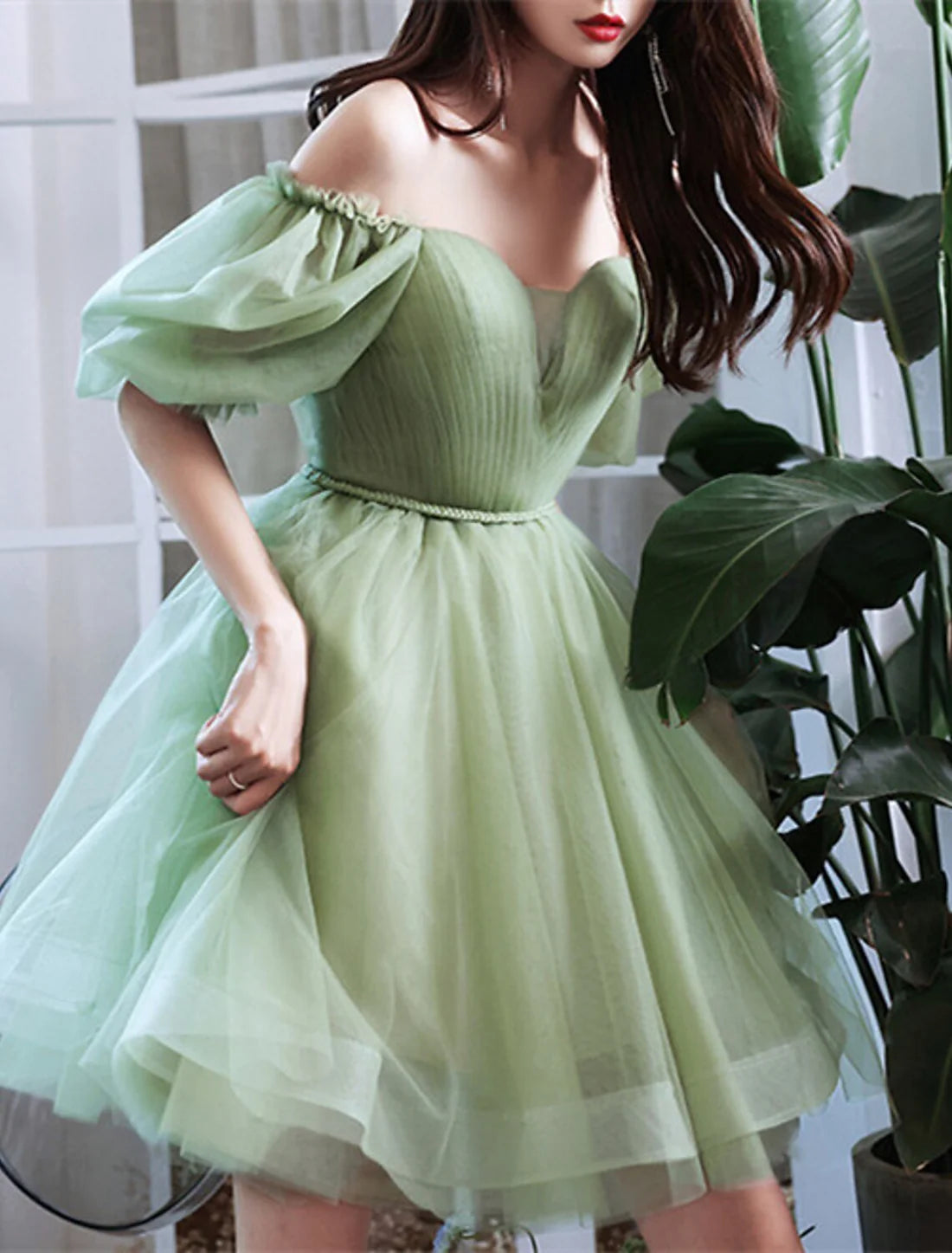 A-Line Homecoming Dresses Dress Wedding Guest Graduation Short / Mini Short Sleeve Off Shoulder Tulle with Pleats