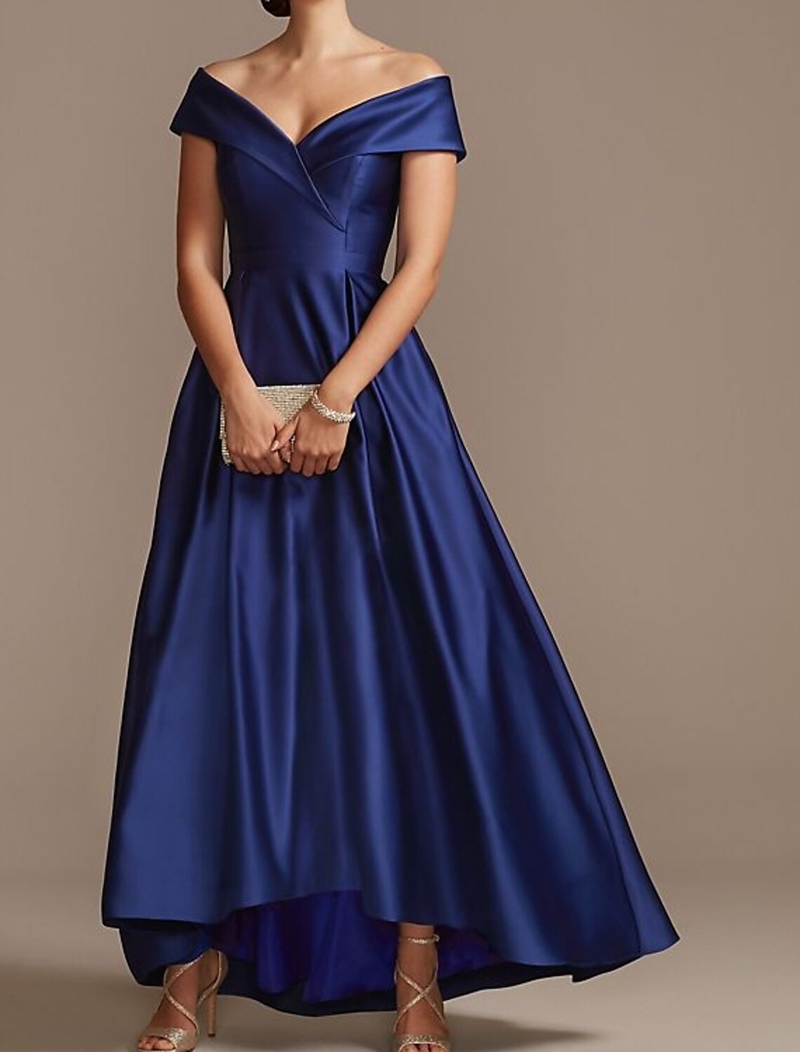 Mother of the Bride Dress Wedding Guest Elegant Plus Size High Low Off Shoulder Asymmetrical Satin Short Sleeve with Pleats
