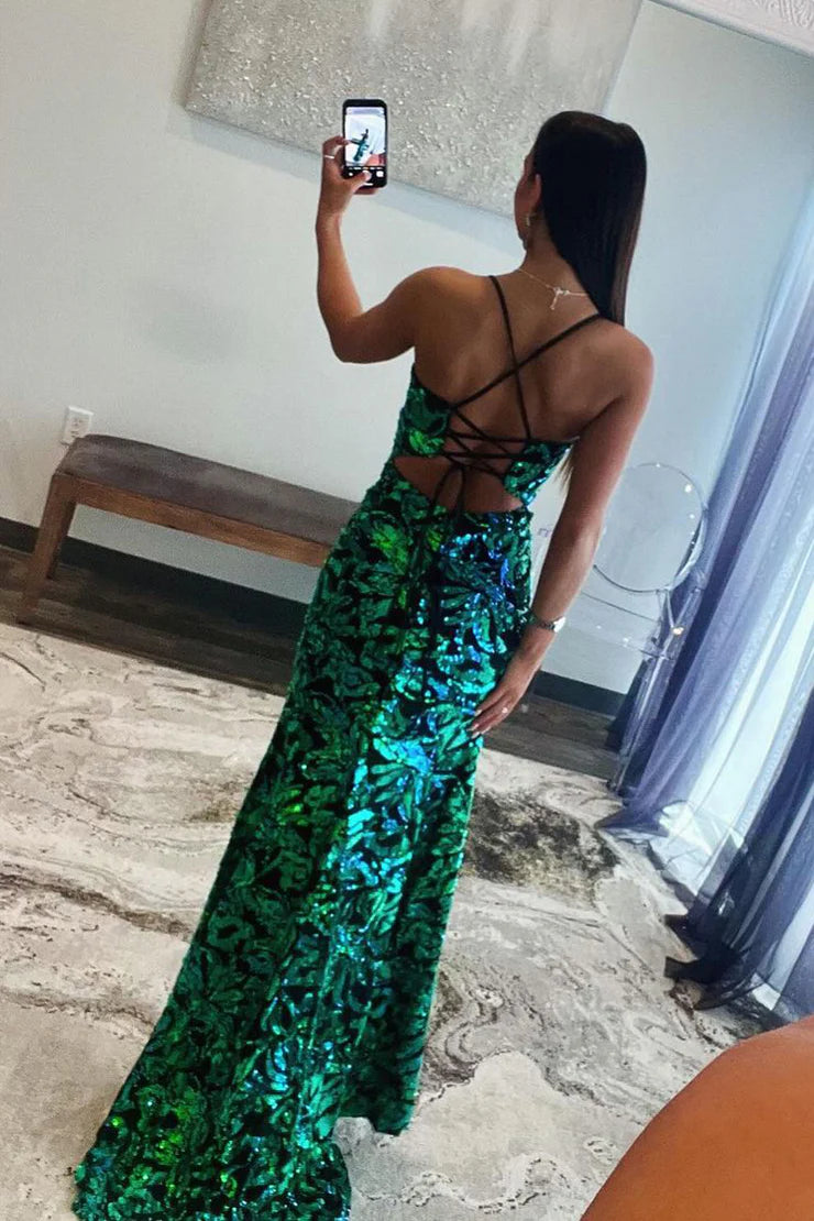 Mermaid Spaghetti Straps V Neck Green Sequins Lace Long Prom Dress with Slit