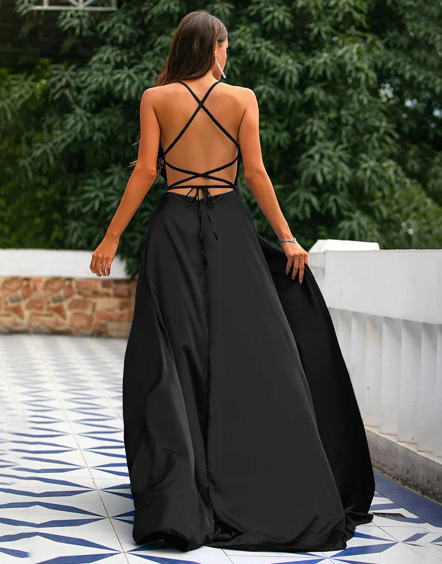 A-Line Spaghetti Straps Prom Dress Formal Dress With Split Solid Color