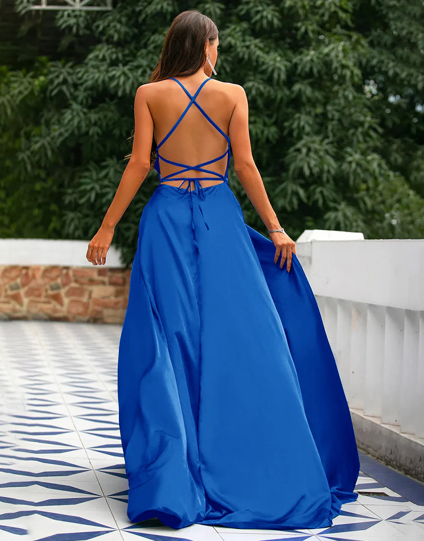 A-Line Spaghetti Straps Prom Dress Formal Dress With Split Solid Color