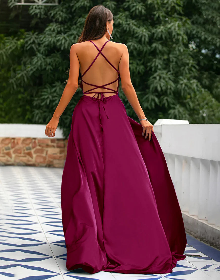 A-Line Spaghetti Straps Prom Dress Formal Dress With Split Solid Color