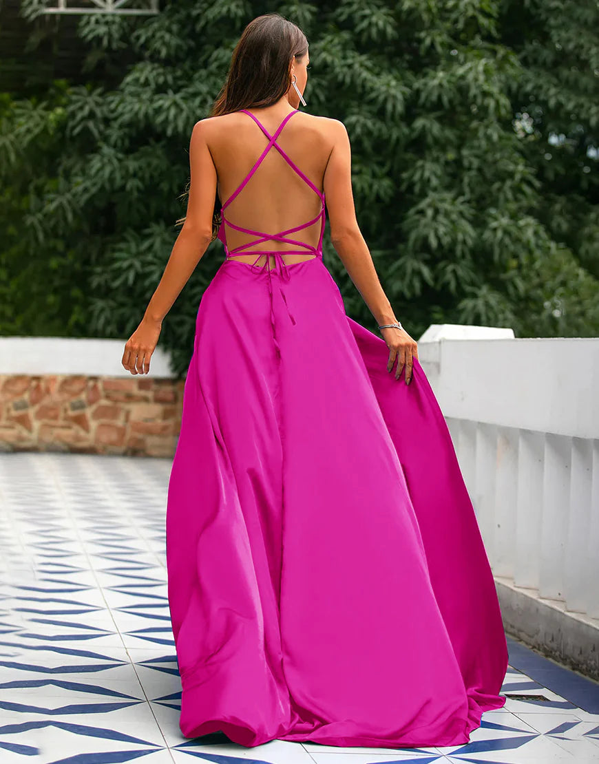 A-Line Spaghetti Straps Prom Dress Formal Dress With Split Solid Color