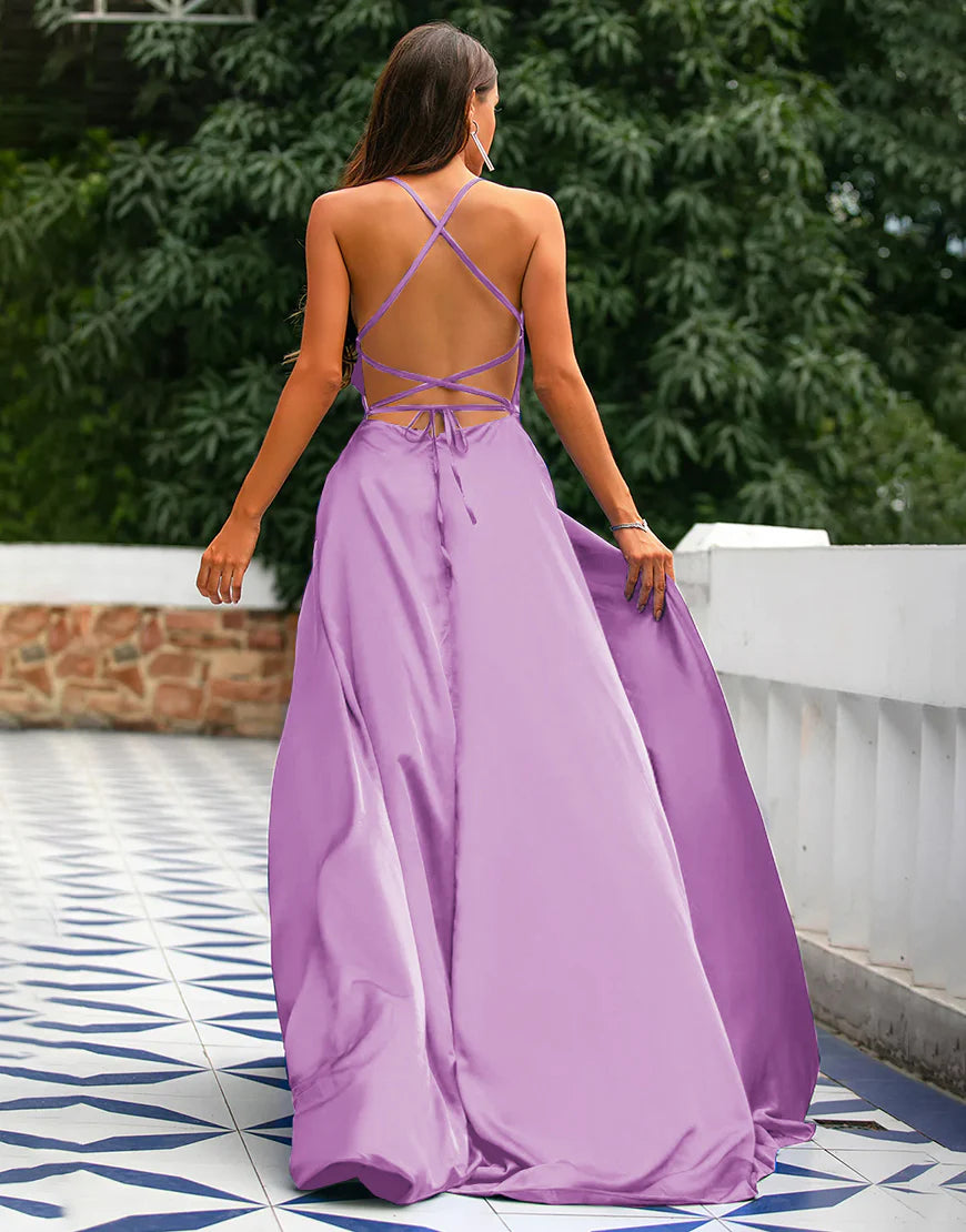 A-Line Spaghetti Straps Prom Dress Formal Dress With Split Solid Color