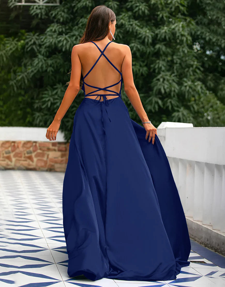 A-Line Spaghetti Straps Prom Dress Formal Dress With Split Solid Color