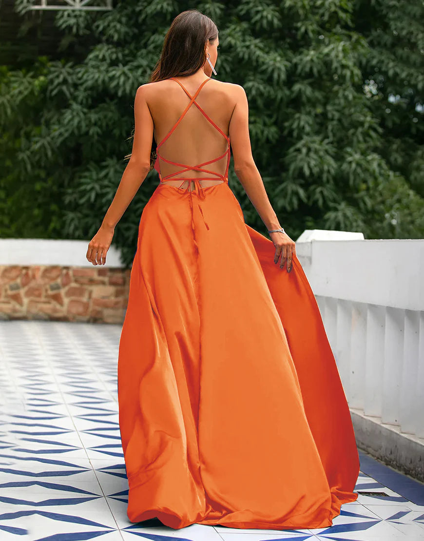 A-Line Spaghetti Straps Prom Dress Formal Dress With Split Solid Color