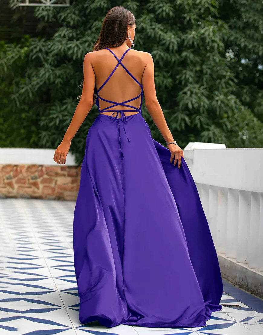 A-Line Spaghetti Straps Prom Dress Formal Dress With Split Solid Color