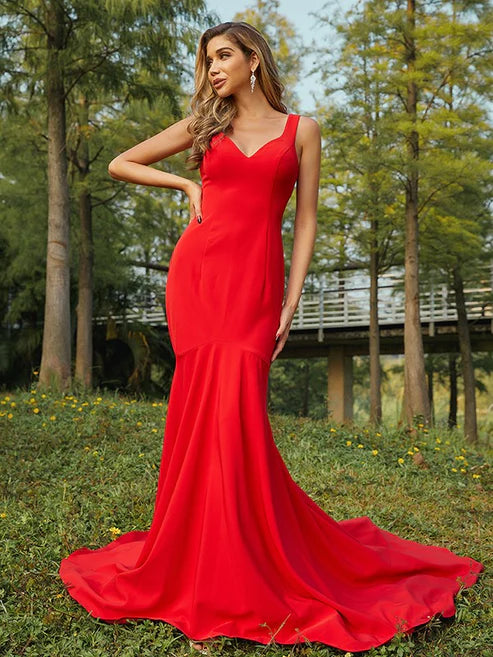 Sheath/Column Stretch Crepe Ruffles V-neck Sleeveless Sweep/Brush Train Bridesmaid Dresses Party Dresses Wedding Guest Dresses