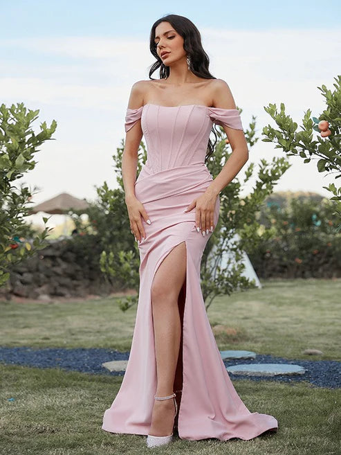 Sheath/Column Stretch Crepe Ruched Off-the-Shoulder Sleeveless Sweep/Brush Train Bridesmaid Dresses Party Dresses Wedding Guest Dresses