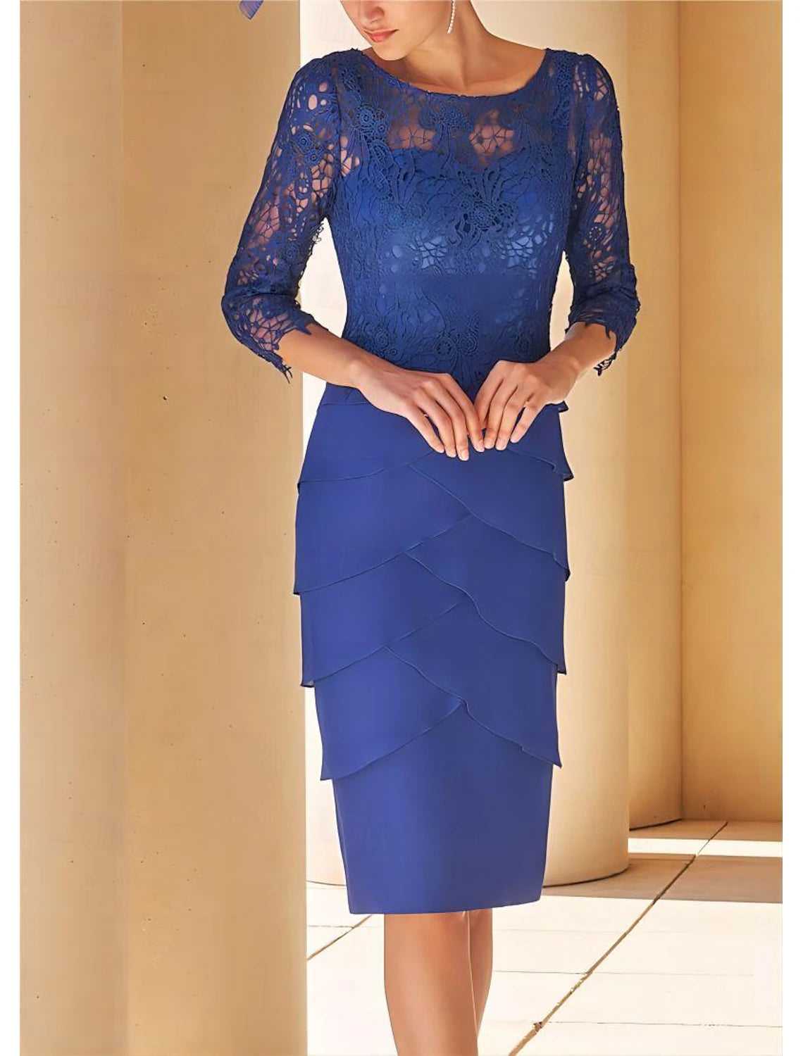 Sheath / Column Vintage Jewel Neck Tea Length Wedding Guest Chiffon Lace Short Sleeve Jacket Dresses Mother of the Bride Dress with Lace Cascading Ruffles