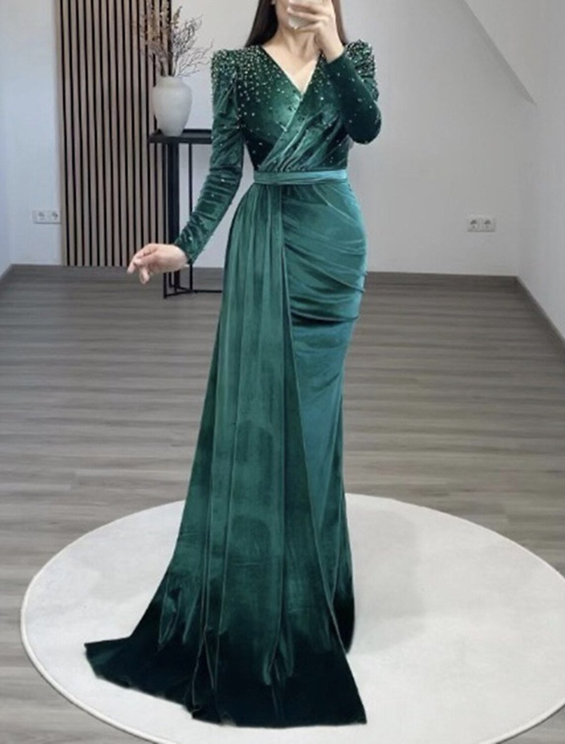 Sheath Mermaid Burgundy Floor Length Party Dress Long Sleeve V Neck Ruched Wedding Guest Velvet with Beads