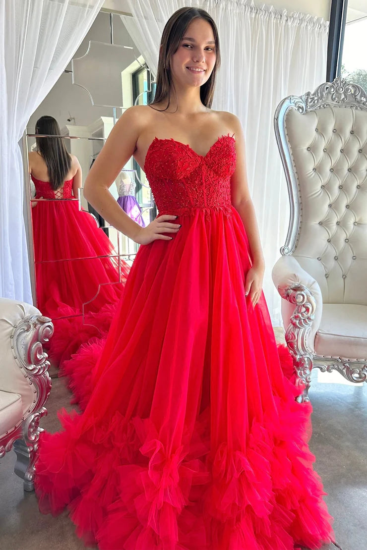 Red Tulle Strpless Ball Gown Gown Prom Dresses with Appliques