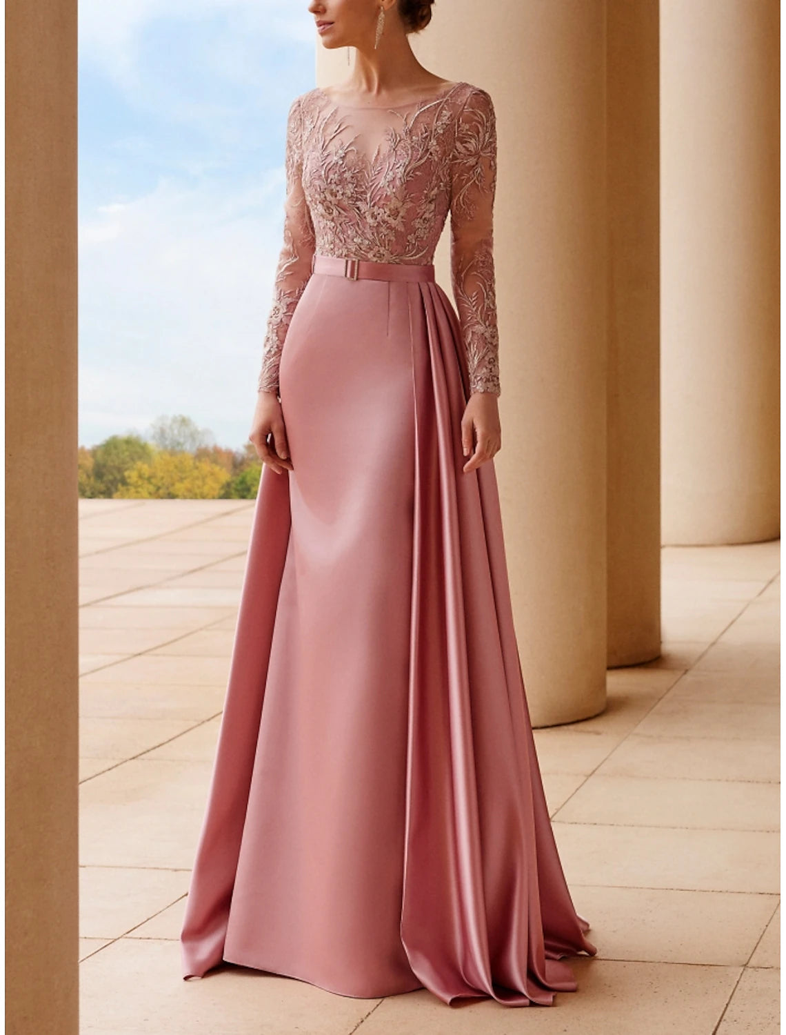 Mother of the Bride Dress Wedding Guest Elegant Scoop Neck Sweep / Brush Train Stretch Satin Long Sleeve with Lace Sash / Ribbon Ruching