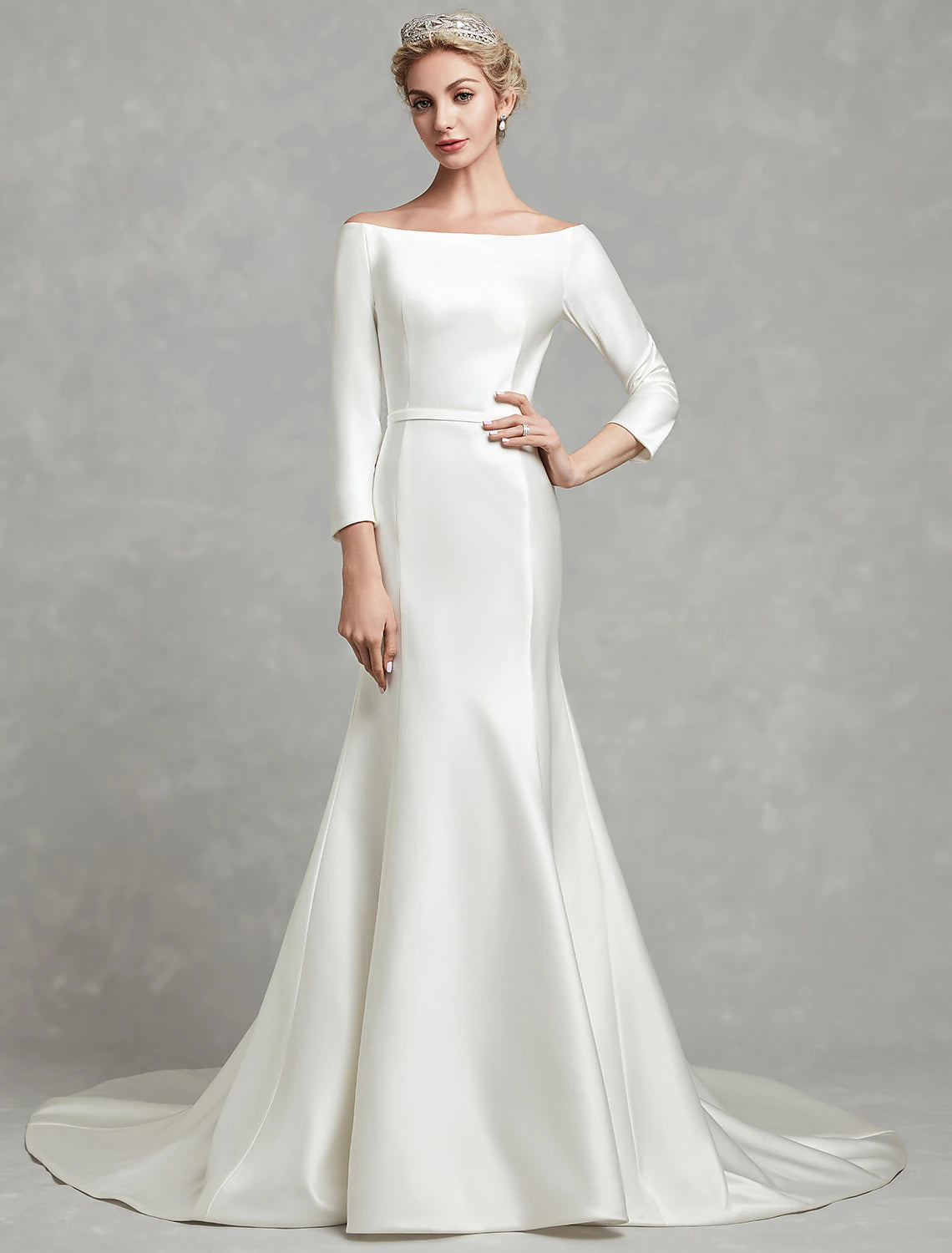 Casual Fall Wedding Dresses Mermaid / Trumpet Off Shoulder 3/4 Length Sleeve Chapel Train Satin Bridal Gowns With Pleats Summer Wedding Party, Women's Clothing