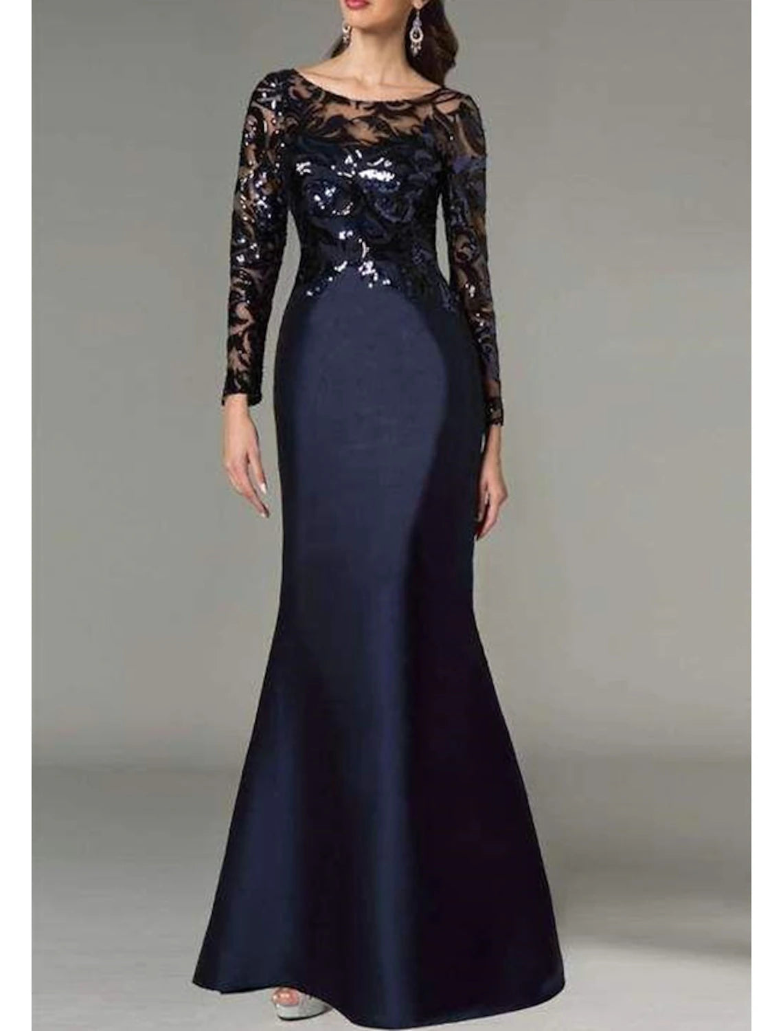 Mother of the Bride Dress Wedding Guest Sparkle Shine Jewel Neck Floor Length Satin Sequined Long Sleeve with Sequin Color Block