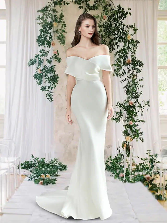 Wedding Dresses Floor Length Short Sleeve Off Shoulder Satin With Ruched