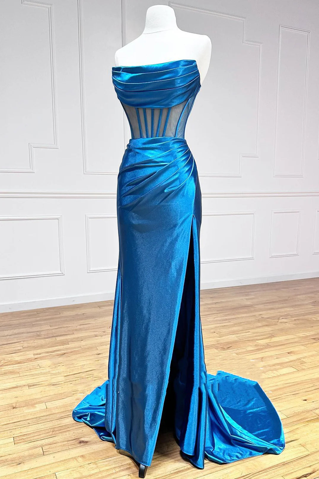 Sheath Mermaid Strapless Pleated Boning Sheer Satin Long Prom Dress with Slit
