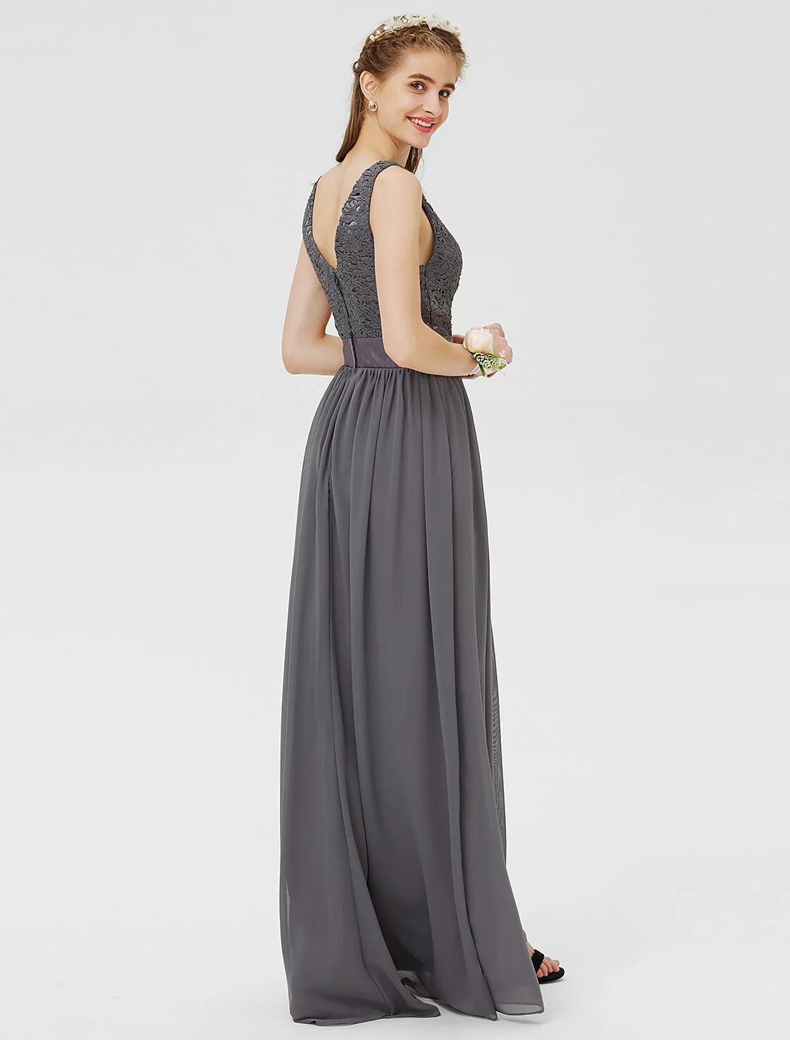 Sheath / Column Bateau Floor Length Chiffon / Floral Lace Bridesmaid Dress with Lace / Sash / Ribbon / Pleats