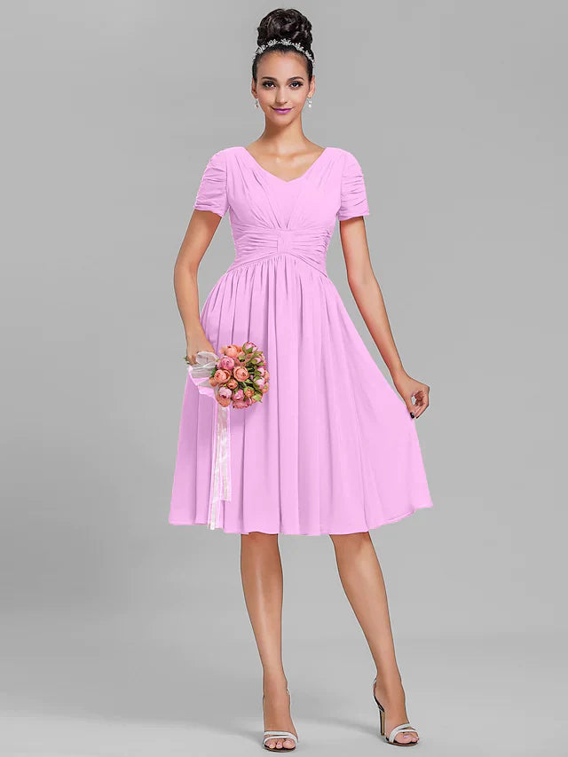 Bridesmaid Dress Short Sleeve Vintage Inspired Knee Length Chiffon with Ruched Draping