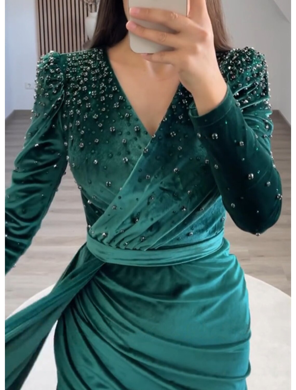 Sheath Mermaid Burgundy Floor Length Party Dress Long Sleeve V Neck Ruched Wedding Guest Velvet with Beads