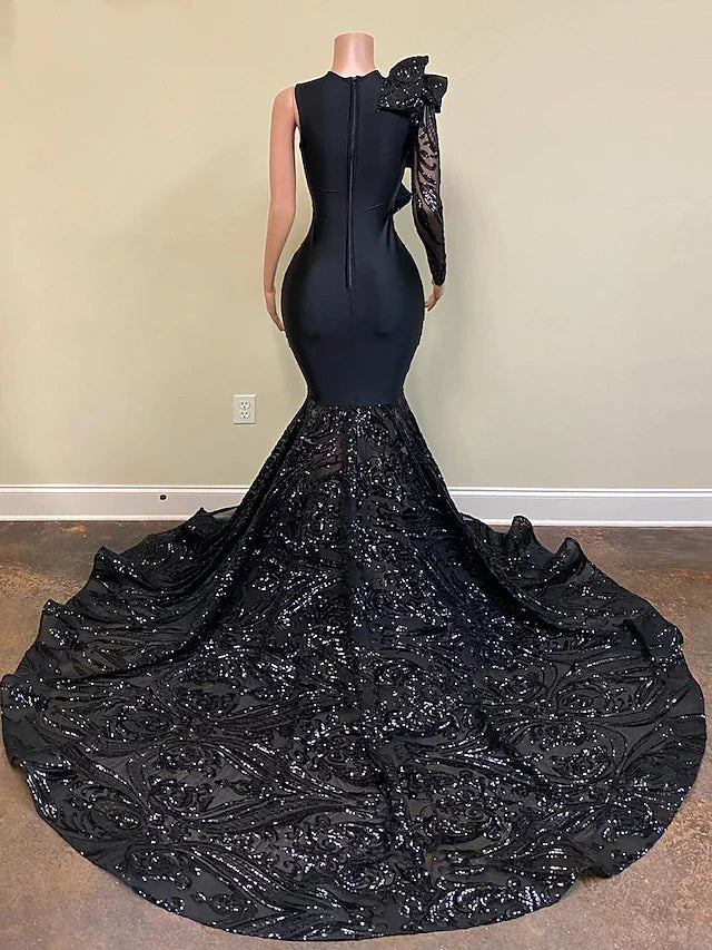 Mermaid / Trumpet Evening Gown Floral Dress Formal Chapel Train Long Sleeve One Shoulder African American Sequined with Sequin Sexy