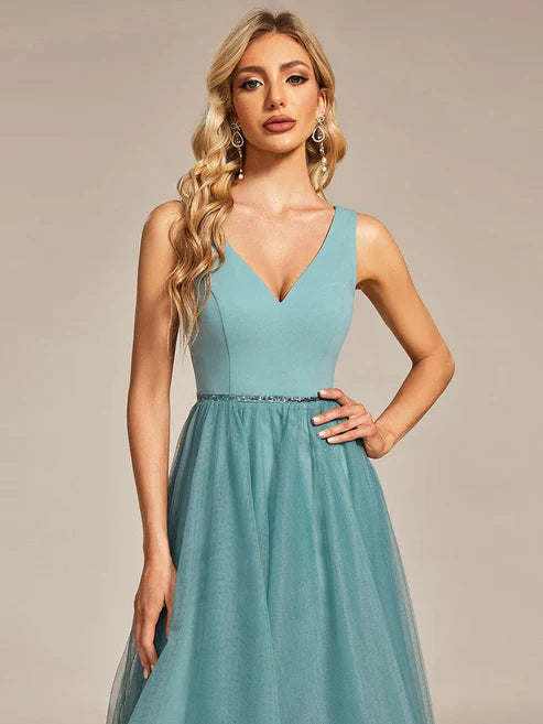 Sleeveless Tulle High Low Prom Dress with Waist Chain Evening Dresses/Prom Dresses Party Dresses Wedding Guest Dresses