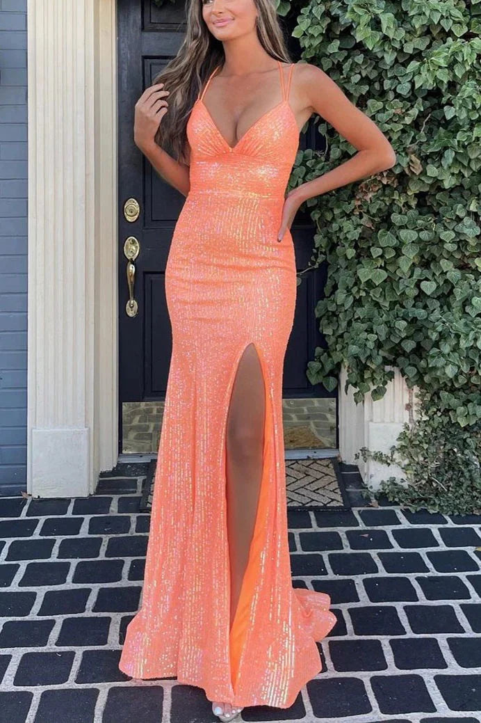 Mermaid Spaghetti Straps Sweetheart Sequins Evening Dresses with Slit