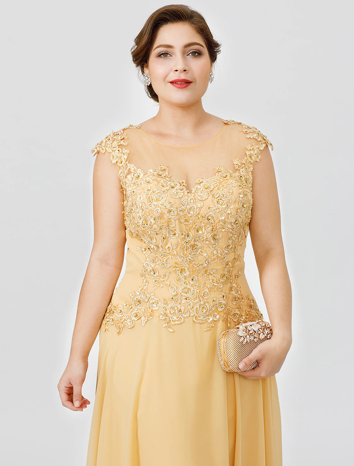 A-Line Mother of the Bride Dress Wedding Guest Elegant Plus Size Illusion Neck Sweep / Brush Train Chiffon Beaded Lace Short Sleeve No with Bow(s) Pleats