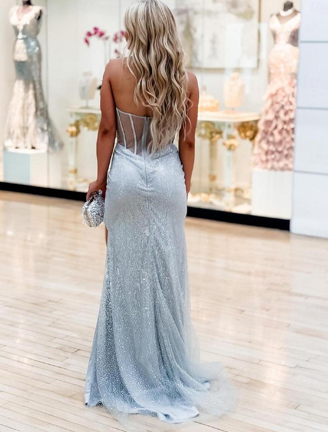 Sweep/Brush Prom Dresses Sleek Glitter Sparking Sequins Strapless Evening Dress With Split