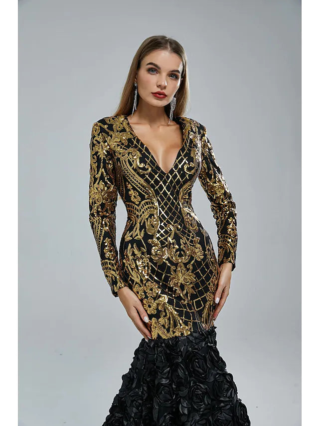 Mermaid / Trumpet Evening Gown Elegant & Luxurious Dress Engagement Court Train Long Sleeve V Neck Sequined with Sequin