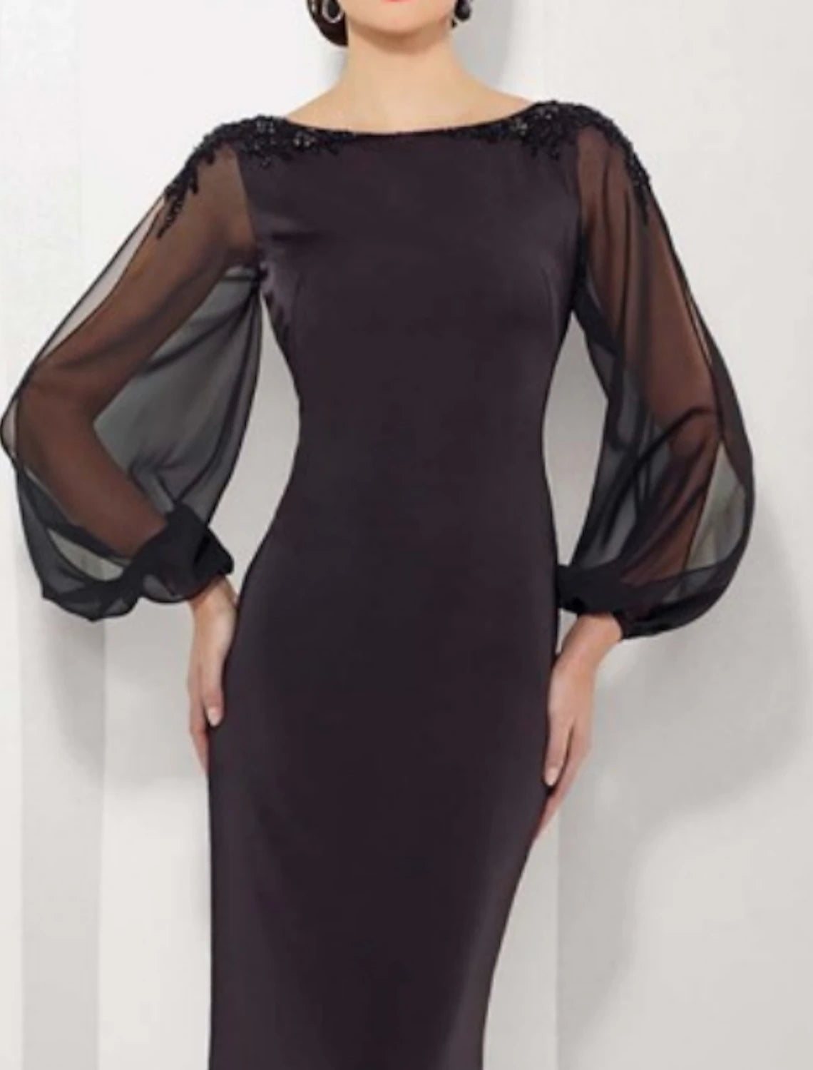Sheath Mermaid Black Jewel Neck Scoop Neck Mother of the Bride Dress Floor Length Long Sleeve Satin Tulle Party Dress with Appliques