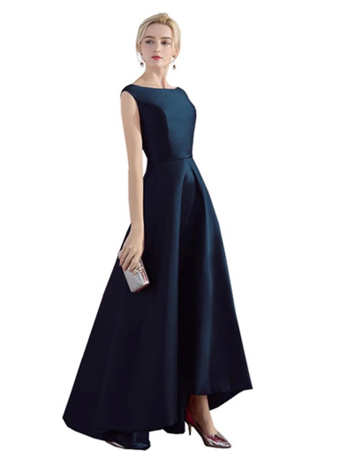 A-Line Evening Gown Christmas Red Green Dress Wedding Guest Party Wear Asymmetrical Sleeveless Jewel Neck Satin with Sleek