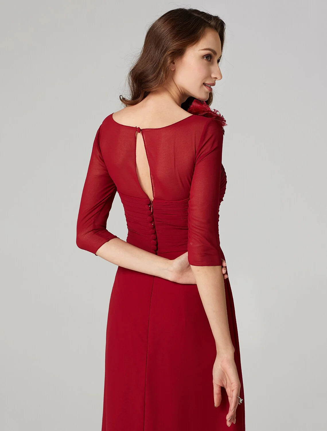 Sheath / Column Keyhole Dress Holiday Floor Length 3/4 Length Sleeve Bateau Neck Charmeuse with Ruched Flower Solid Color